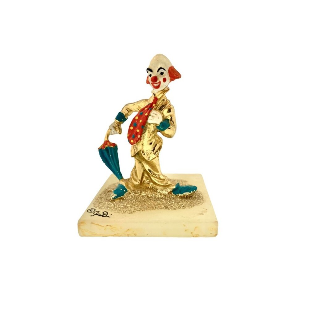 Judi Figurine Clown with Umbrella Enameled on Onyx Base Vintage Collectibles